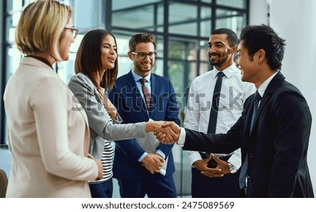 Image, Stock Photo Handshake of business people. Man and woman shaking hands in office. Two people greeting at work. Collaborative teamwork