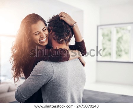 Similar – Image, Stock Photo Cheerful couple hugging in kitchen at home