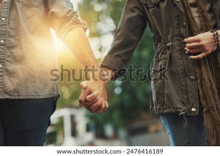 Similar – Image, Stock Photo Woman holding hand of crop person inviting to follow to green field