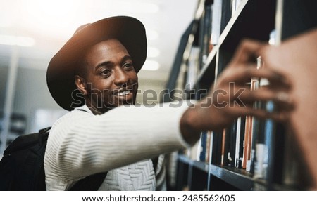 Image, Stock Photo Black man with book on train platform