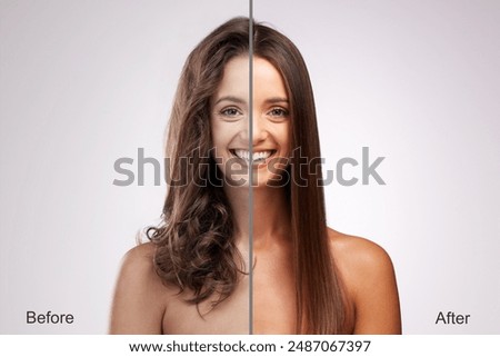 Similar – Image, Stock Photo Beautiful female face with perfect skin and nude makeup. Close-up portrait against the background of nature