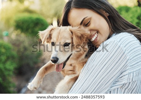 Similar – Image, Stock Photo Cheerful woman with dog in pet cone at home