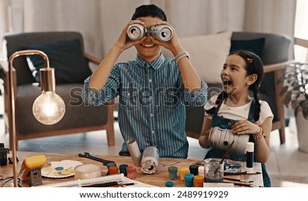 Similar – Image, Stock Photo Brother and sister playing on the field at the day time. Children having fun outdoors. They running on the lawn. Concept of friendly family.