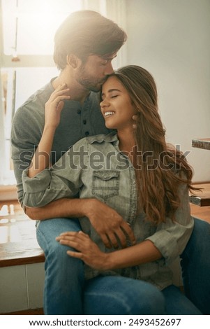 Similar – Image, Stock Photo Woman with glass kissing partner for joint selfie in park