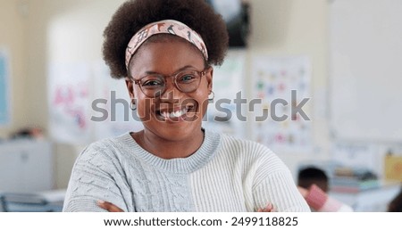 Similar – Image, Stock Photo Smiling black woman in headset watching smartphone on street