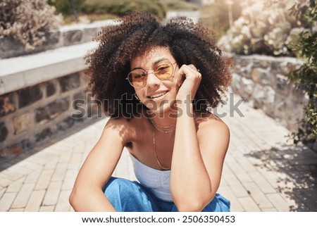 Similar – Image, Stock Photo Lovely curly woman with combed hair, keeps hand in pocket