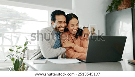 Happy couple, paperwork and hug with laptop for budget, paying bills or estate planning. Married people, embrace and documents for insurance policy, investing and savings in apartment or family home