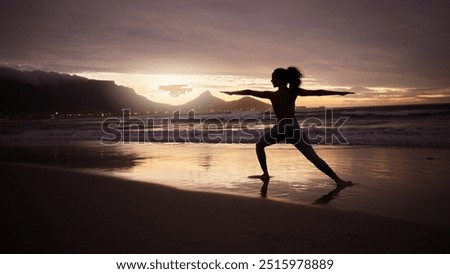 Similar – Image, Stock Photo Calm woman in Warrior pose on yoga mat