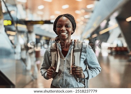 Similar – Image, Stock Photo woman with backpack traveling on a windy mountain adventure