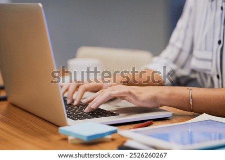 Hands, business person and typing on computer for research, editing email or networking. Laptop, worker and writing on keyboard closeup for publication results or check manuscript in creative startup