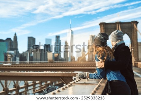 Similar – Image, Stock Photo Couple embracing on bridge under arch with flowers