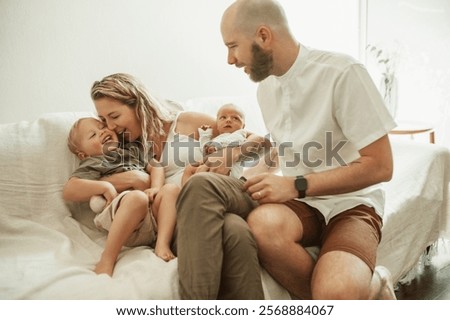 Similar – Image, Stock Photo Lovely and playful newborn in her bedroom at home