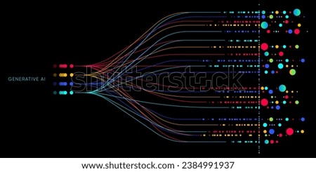 Illustration of abstract stream information with cyan, blue, red and orange line and dot. Big data, technology, AI, data transfer, data flow, generative ai, large language model background