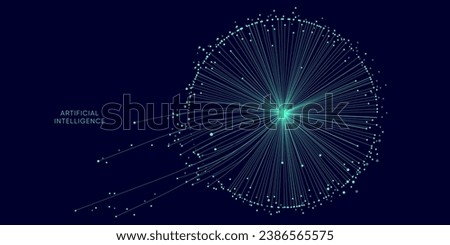 Illustration of abstract stream information with cyan, blue, red and orange line and dot. Big data, technology, AI, data transfer, data flow, large language model, generative AI.