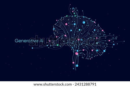 Illustration of abstract stream information with cyan, blue, red and orange line and dot. Big data, technology, AI, data transfer, data flow, generative ai, large language model, ai brain background