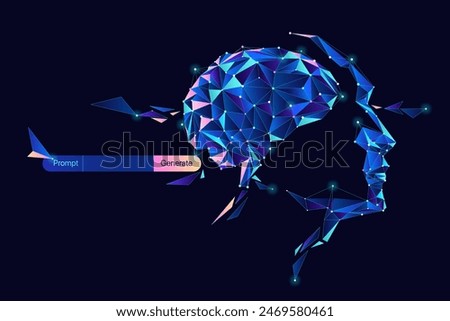 Illustration of Ai brain and face with dot and line. Big data, technology, large language model, LLM, NLP, natural language model  chat bot, generative ai with promt concept