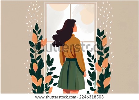 vector illustration of woman looking at window with plants and flowers .