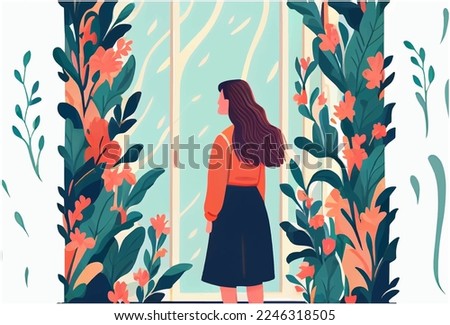 vector illustration of woman looking at window with plants and flowers .