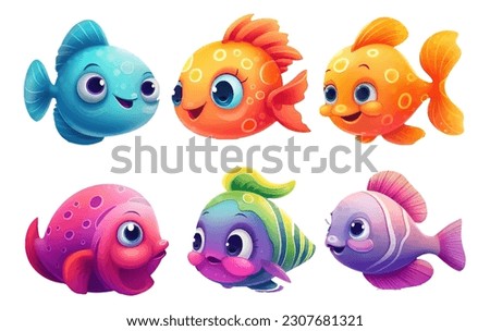 set vector illustration of bright color fish with cute eyes isolated on white background