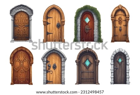 ui set vector illustration wooden door with a tiny round window isolate on white background