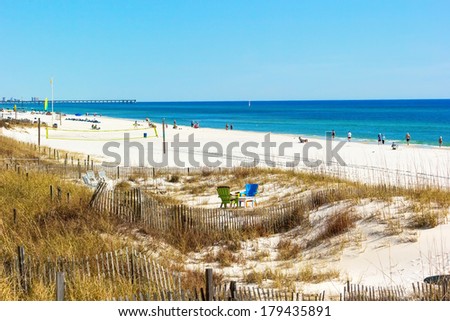 PANAMA CITY, FL - FEB. 22, 2014:  Beach goers enjoy beach and blue water of the Gulf of Mexico.  Panama City Beach is a very popular spring break destination during March and April.