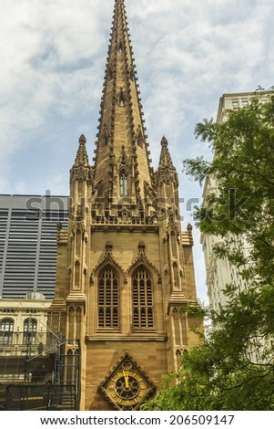 NEW YORK, NY - JUNE 23, 2014: Trinity Church, built in 1846, and located at Broadway and Wall streets, is a historic and functioning parish church in the Episcopal Diocese of New York.