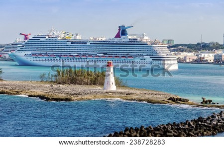NASSAU, BAHAMAS - JAN. 13, 2013: Carnival Dream entering the port of the Bahamas. At 130,000 tons, the ship is the largest to date for Carnival Cruise Lines.