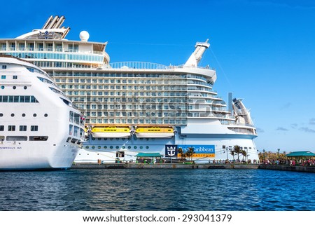 Nassau, Bahamas - Jan. 13, 2013:  Royal Caribbean\'s ship, the Oasis of the Seas, anchored in the port of Nassau..  This ship, because of it\'s large size, is limited to how many ports it can enter.