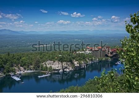 Scenic view from Skytop tower of Mohonk Mountain House and the Hudson Valley in New Paltz, New York