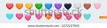Heart Emojis set. Sparkling, growing, two Hearts, beating, revolving, broken, mending, heart exclamation, red, orange, yellow, green, blue, purple, brown, black, and white emojis.