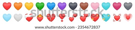 Heart Emojis set. Sparkling, growing, two Hearts, beating, revolving, broken, mending, heart exclamation, red, orange, yellow, green, blue, purple, brown, black, and white emojis.