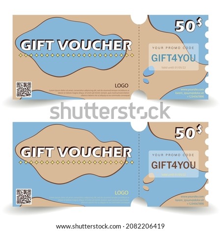 Two template vector gift vouchers. Modern discount cards with money reward and promo code. Isolated shopping coupons with text sale promotion for marketing, business.
