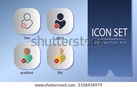 User with red minus sign than can be used as remove friend, unfriend account. Avatar signs for websites, social network, mobile apps. Collection of icons in line, solid, gradient and flat styles.