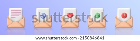 Set of envelopes with papers inside. Notes with address sign, exclamation mark, heart, check mark and pink abstract text. Collection of three dimensional UI icons. Vector illustration EPS 10
