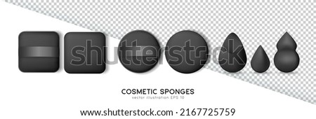 Black cosmetic sponges for apply make up. Set of square and round powder puffs and beauty blender different shapes  isolated on transparent and white background. Realistic makeup items template