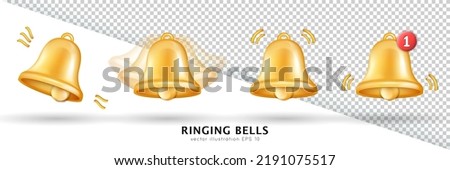 Collection of 5 different ringing bells isolated on white and transparent background. Alarmclock, attention, alert, signal, new message, new subscriber, reminder 3d icons for social media, mobile apps