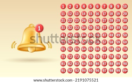 Three dimensional golden shiny bell with red notifications. Notice buttons with numbers from 1 to 99+. New message, subscribe concept for social network, media, mobile apps, etc