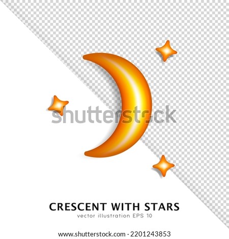 Shiny golden 3D crescent with little stars isolated on white and transparent background.  Glossy cartoon yellow crescent moon. Three dimensional vector icon