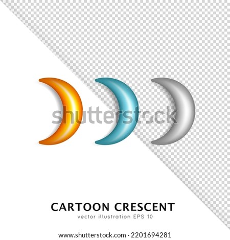 Shiny golden, cyan and silver 3D crescent isolated on white and transparent background.  Glossy cartoon yellow, blue and grey crescent moon. Three dimensional vector icons