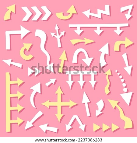 Big set of 32 hand drawn cute arrows different shape on pink background. Big and small kawaii doodle arrow marks, cursors for infographic, planning, mind maps. Stickers, labels 