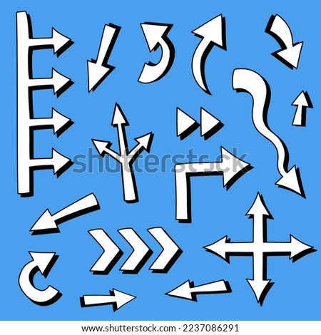 Collection of hand drawn comic arrows different shape on bright blue background. Big and small cartoon doodle arrow marks for infographic, planning, mind maps. Stickers, labels with cursors