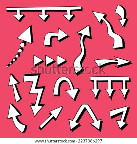 Collection of hand drawn comic arrows different shape on bright pink background. Big and small cartoon doodle arrow marks for infographic, planning, mind maps. Stickers, labels with cursors