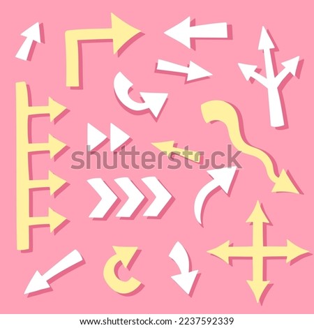 Collection of hand drawn cute arrows different shape on pink background. Big and small kawaii doodle arrow marks, cursors for infographic, planning, mind maps. Stickers, labels 