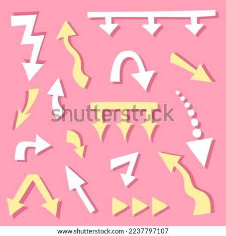 Collection of hand drawn cute arrows different shape on pink background. Big and small kawaii doodle arrow marks, cursors for infographic, planning, mind maps. Stickers, labels 
