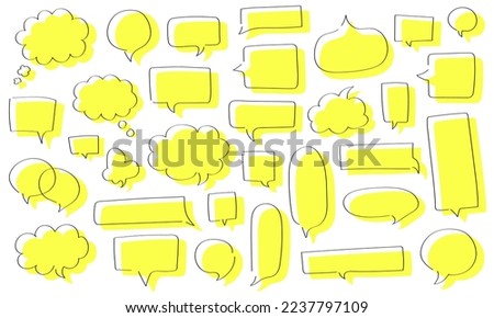 Big set of hand drawn linear speech bubbles different shape - round, rectangle, fluffy, etc. Big and small yellow outline chat clouds. Dialogue, discussion, online message sketch