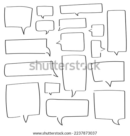 Collection of hand drawn square speech bubbles. Big and small doodle chat clouds. Dialogue, discussion, message, reply sketch on white background