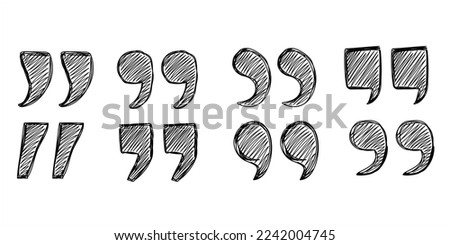 Collection of hand drawn sketchy quotation marks different shapes for citation. Black scribble speech marks, inverted commas, doodle quotes isolated on white background