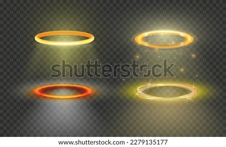 Collection of 4 various three dimensional shiny golden nimbus isolated on transparent background. Glossy realistic halo, angel ring, Saint aureole symbol. Vector illustration EPS 10