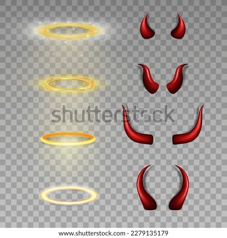 Collection of 8 three dimensional shiny golden nimbus and red devil horns. Vector realistic glossy daemon horns and halo, angel ring isolated in transparent background. Carnival, masquerade elements