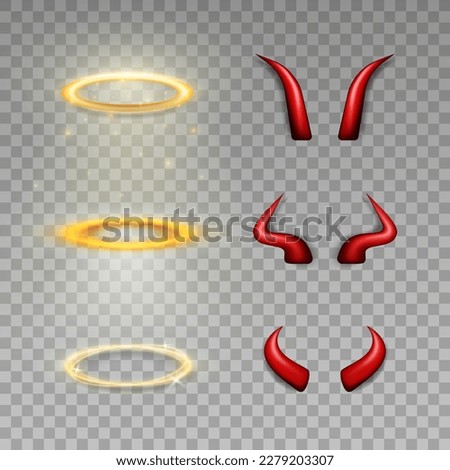 Collection of 6 three dimensional shiny golden nimbus and red devil horns. Vector realistic glossy daemon horns and halo, angel ring isolated in transparent background. Carnival, masquerade elements
